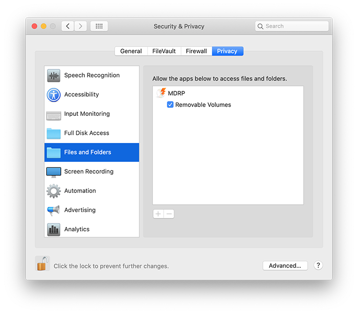 File permission pane of System Preferences in Catalina