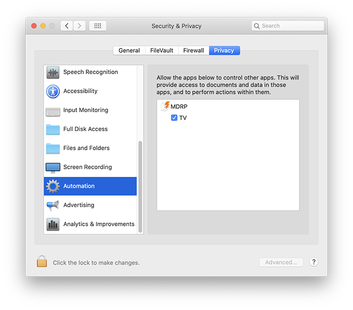 Automation permission pane of System Preferences in Catalina